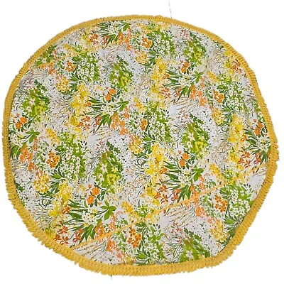 Vintage Handmade Round Tablecloth Spring Bright Yellow Floral 60” Fringe Flowers • $21.97