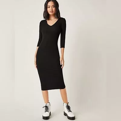 Women’s 3/4 Sleeves V-Neck Open Back Ribbed Knit Black Midi Dress Size Large • $33