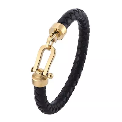 Men's 8  Bracelet Braided Stainless Steel HORSESHOE Black Leather Gold Plated • $22.99