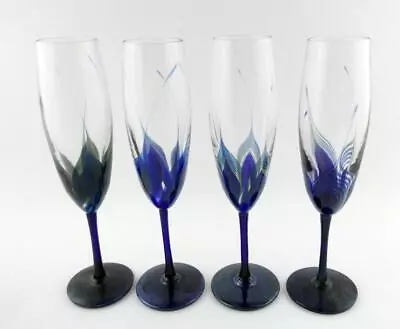 Randy Strong Creative Art Glass Set Of 4 Champagne Glasses Blue Pulled Feather • $240.88