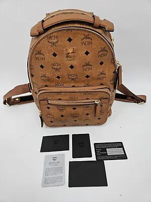 MCM 40 STARK Medium Maxi Visetos Backpack Brown Cognac Canvas Leather W/Auth Crd • $475