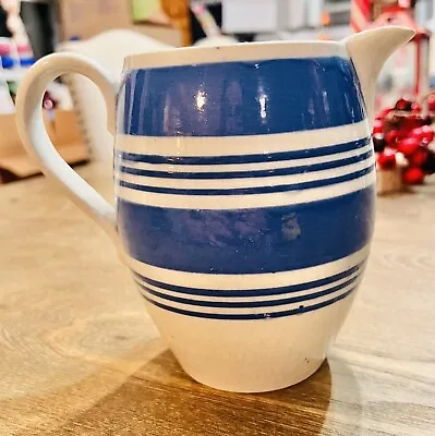 RARE! 1800’s Blue And White Striped Mochaware Pitcher • $480