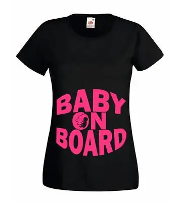 Womens Baby On Board Maternity Preganacy Baby Bump Lady Fit Black T-Shirt • £12.95