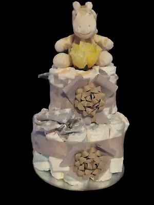 Pretty Two 2 Tier Nappy Cake With Teddy Baby Girl Boy Baby Shower Newborn Gift • £25