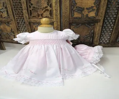 NWT Will'beth Pink Lace Smocked 3pc Dress Preemie Bonnet Bloomer Baby Girls 00 • $71.09