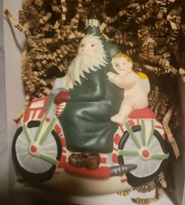 $80 • Buy Vaillancourt Polish Glass Ornament Santa FC Riding Motorcycle W/Angel 88/300 