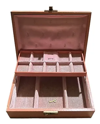 Vintage Mele 2 Tier Mid Century Pink Peach Jewelry Box MCM Velvet Satin KEY • $65