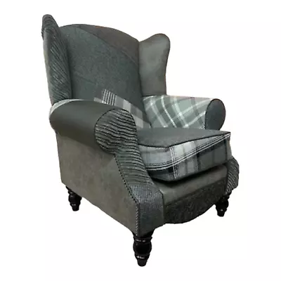 Wing Back Queen Anne Cottage Chair  Grey Patchwork Mixture Of Fabrics Black Legs • £629