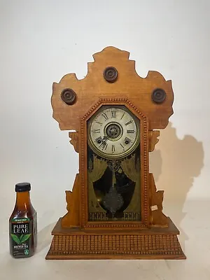 A52-Antique Gilbert Gingerbread Clock - GREAT REVERSE PAINTED GLASS - TIME/ALARM • $109.58