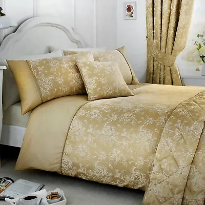 Serene JASMINE Champagne Gold Jacquard Bedroom & Curtains Collection • £52.95