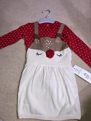 BNWT Baby Girls’ Christmas Reindeer Pinafore Dress & Vest Set Age 9-12 Months • £6.99