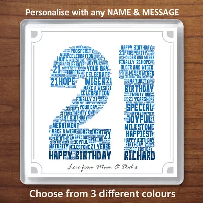 21st Birthday Personalised Word Art Drinks Coaster Gift Present 21 • £4.49