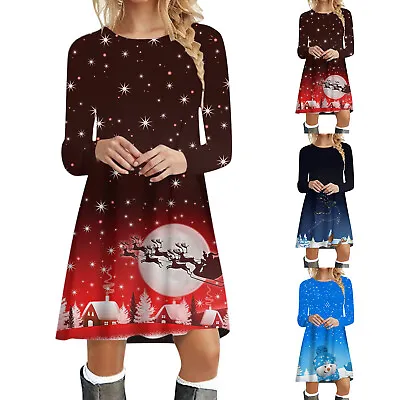 Christmas Womens Long Sleeve Crew Neck Deer Printed Soft Dress Fashion Cocktail • $27.13