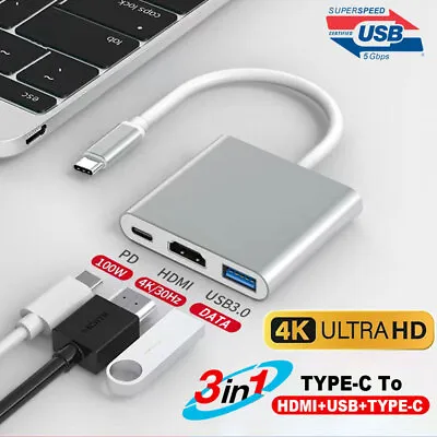 $9.99 • Buy Type C To USB-C HDMI USB 3.0 Adapter Converter Cable 3 In 1 Hub For MacBook Pro