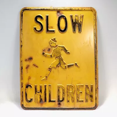 Vintage Yellow & Black Painted Steel  Slow Children  Traffic Or Street Sign • $950