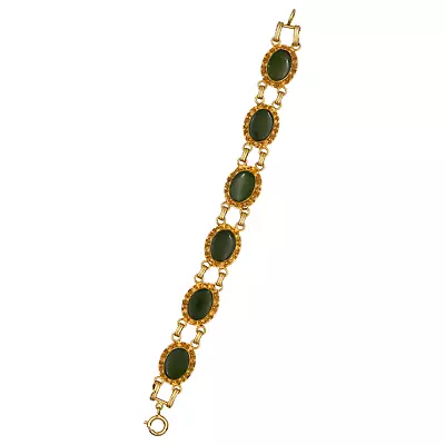 Vintage Designer Cf Oval Jade Chain Link Bracelet 12k Yellow Gold Filled ~7  • $3.25