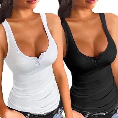 £14.99 • Buy Womens Low Cut Ribbed Tank Tops Sleeveless Henley Button Down Casual Shirts Vest