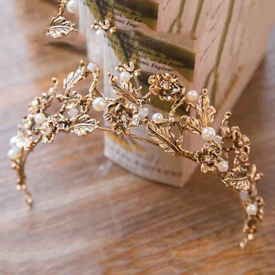 £35.31 • Buy Antique Gold Crown/tiara With White Pearls & Clear Crystals, Bridal Or Racing