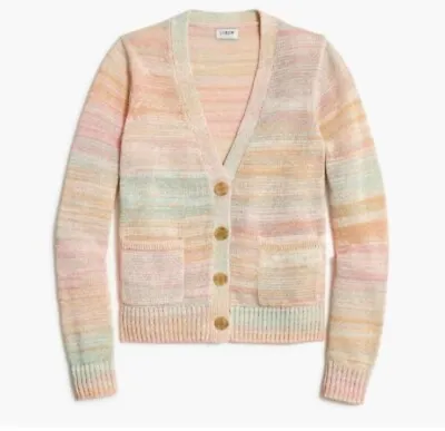 NWT J. Crew Beachy Pastel Stripe Knit V-Neck Cotton Blend Cardigan Size Medium • $40