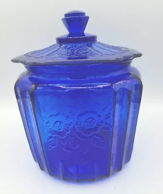 Vtg Cobalt Blue Depression Glass Biscuit Jar Canister W Lid Mayfair Open Rose • $35