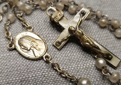 Vintage Rosary Mother Of Pearl Crucifix Glass Beads With Case Catholic G44 • $46.99