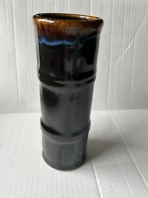 Vintage Bamboo Libbey Black Gloss Pottery Vase Tiki Ceramic Blue Drip MCM Decor • $15