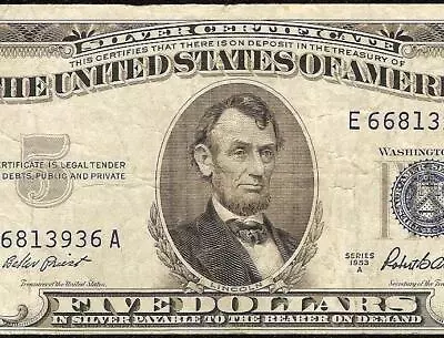 1953a $5 Dollar Bill Silver Certificate Blue Seal Note Old Paper Money • $7.50