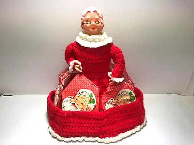 VTG Mrs.Santa Claus Crocheted Christmas Table Center Piece Napkin / Card Holder • $21.95