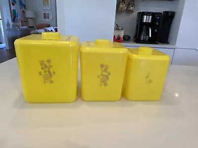 Vintage Cols Plastic Yellow Flour Sugar Coffee Plastic Canisters With Lids • $24