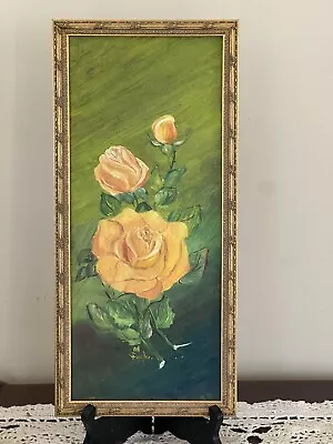 VINTAGE Original Oil PAINTING Yellow Roses Signed Professionally Framed 14x6.5” • $74.95