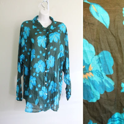 £13.46 • Buy Womens XL Partners NWT Blue Teal Floral Cotton Voile Long Sleeve Button Up Shirt