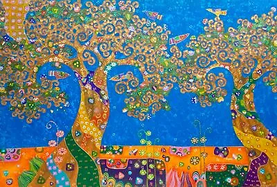 Vibrant Tree Of Life Painting Acrylic On Canvas Signed Ubud Bali Wall Art 47  • $678.13