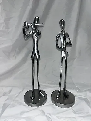 Pair Of Pewter Figurines Musician Hornist And Flutist 10” Tall Sculptures • £21.20