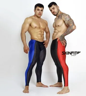 Men's Skinfit Blue Black Mesh Shiny Spandex Tights Compression Pants Small • $77