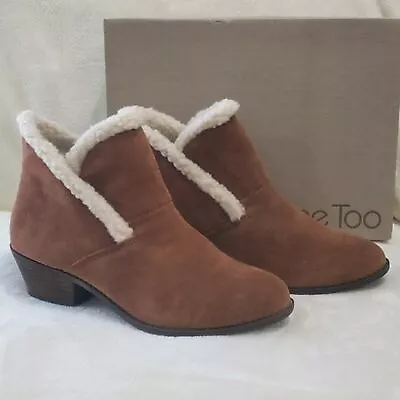 New Me Too Zanna Luggage Camel Suede Ankle Boots Sherpa Trim Sz 9 • $21.99