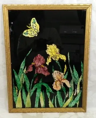 Vtg Reverse Glass Painting Tinsel Foil Iris Flowers W-Butterfly 13  X 17  • $23.99