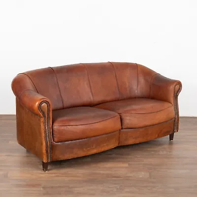 Vintage Brown Leather Two Seat Sofa Loveseat France Circa 1920-40 • $4050