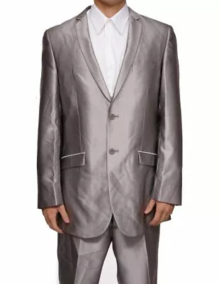 Men's Shiny Silver Slim Fit Sharkskin Two Button Dress Suit • $119.99