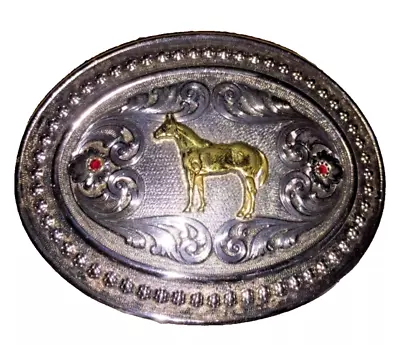 Montana Silversmiths Western Style Standing Horse Belt Buckle W/ Two Garnets  • $69