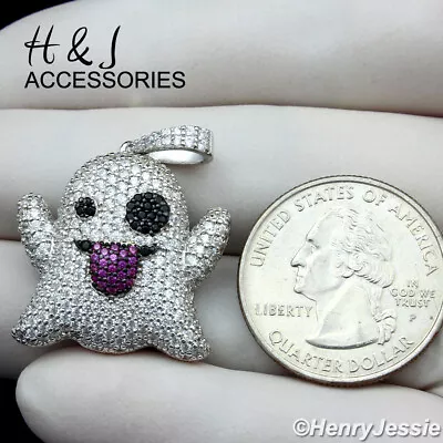 Men Women 925 Sterling Silver Full Icy Bling Cz Ghost Emoji Charm Pendant*asp272 • $45.99