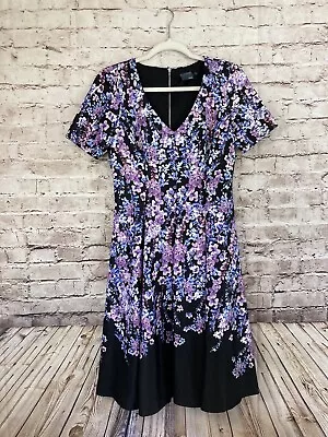 Gabby Skye Dress Women's 6 For & Flare Purple Floral Ombre Midi Short Sleeve Zip • $18.99