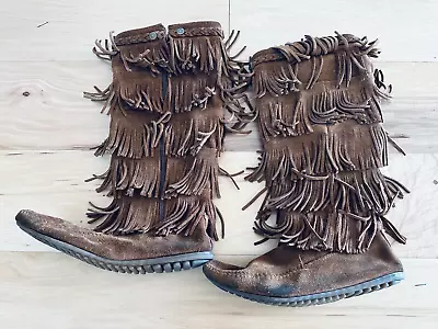 WOMEN'S Size 11 MINNETONKA MOCCASIN FRINGE LEATHER BOOTS • $26.24