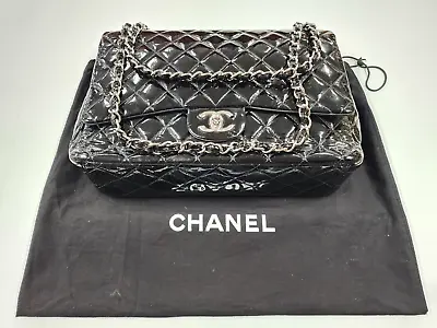 **AUTHENTIC** Chanel Double Flap Jumbo Patent Leather Black Purse • $1999