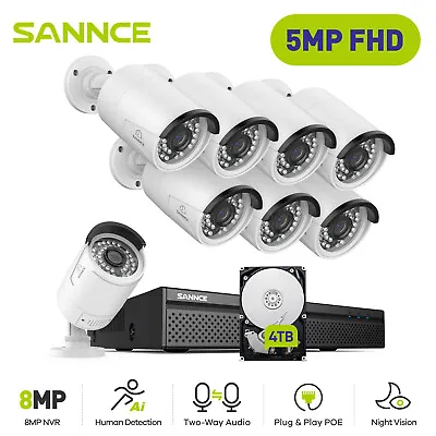 SANNCE 3MP 5MP Two-Way Audio CCTV System POE IP Camera 8CH 4K Video NVR Recorder • £329.69