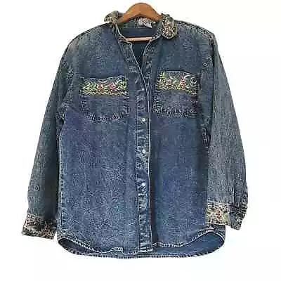 Vtg Pretty Bleu Embroidered Floral Denim Button Up Shirt Size L Acid Wash 80s 90 • £32.90