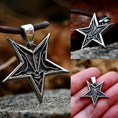 Men Baphomet Satanic Silver Inverted Pentagram Pendant Necklace Stainless Steel • $16.99