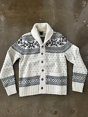 Club Monaco Mens Fair Isle Ivory & Gray Shawl Collar Cardigan Sweater Sz. XS • $17.50