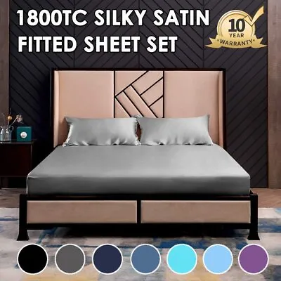 $19.99 • Buy Smooth 1800TC Silk Satin Queen King Double Size Bed Sheet Set Fitted Sheet Set