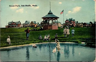 Postcard Ocean Park Oak Bluffs Massachusetts Children Sailing Boats Gazebo • £11.58