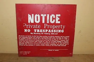 Vintage 1939 Notice Private Property No Trespassing Hunting Fishing Metal Sign • $65